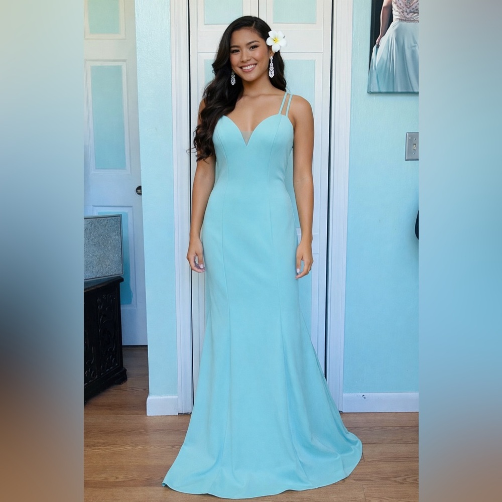 Size 6 stretch scuba gown dress prom cruise gala Aqua NEw with defects